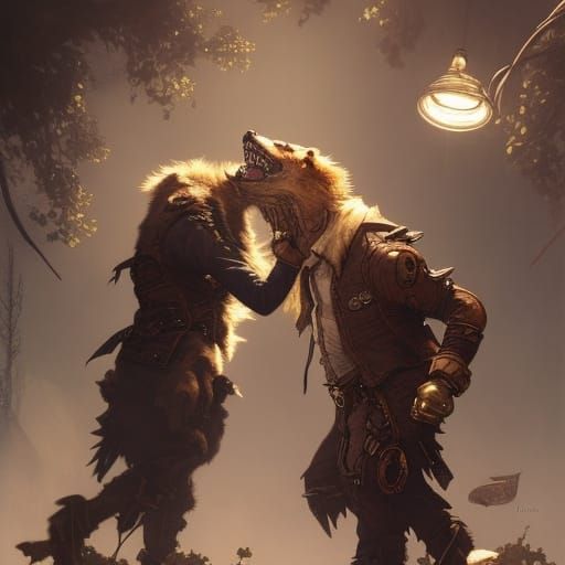 Steampunk Werewolf showdown in a small town. - AI Generated Artwork