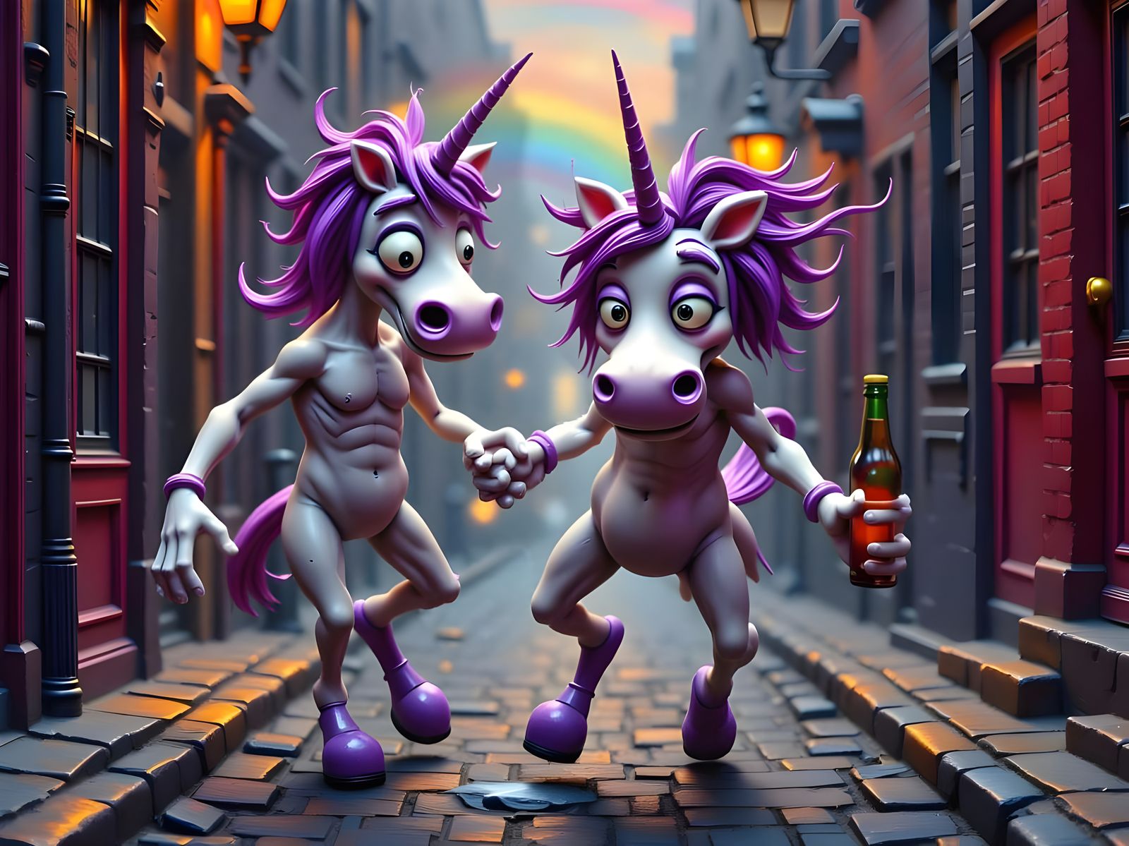 Drunk Unicorns Stumble Down Street in Claymation Style