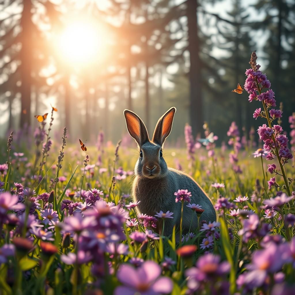 Rabbit in a Flower Meadow, Atmospheric Realism