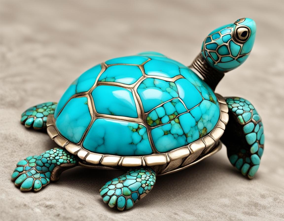 Turquoise turtle resting on top of a larger cabochon of solid turquoise ...