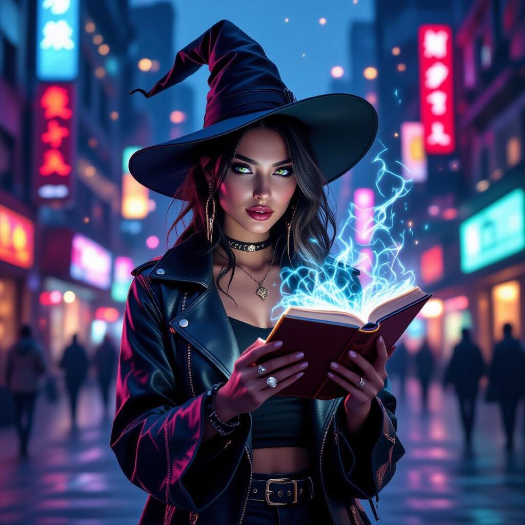 A modern witch, dressed in stylish urban wear, conjures a holographic spellbook in a bustling city square ...  by @JFX3d UK