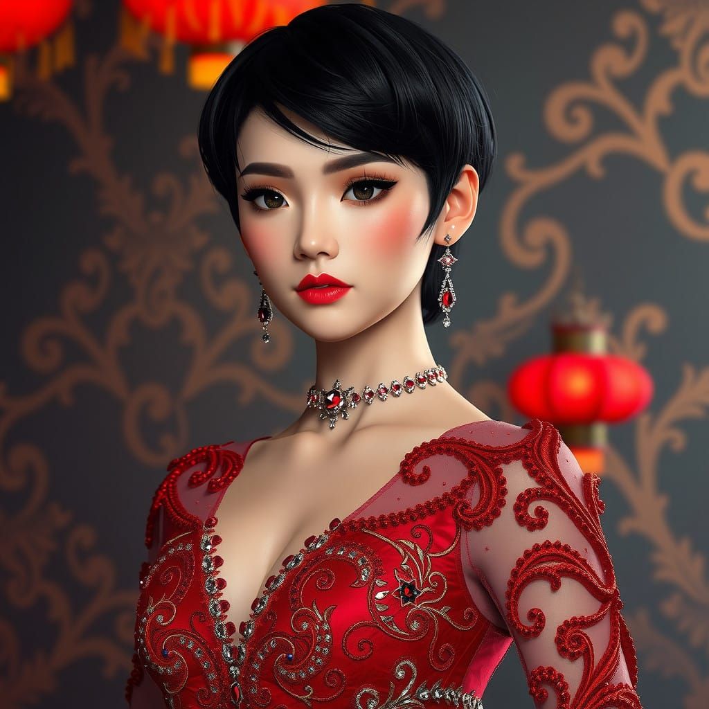 Elegant Thai Goddess in Resplendent Red Gown