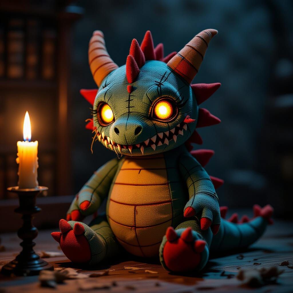 A terrifying cursed dragon plushie for Halloween, unsettling yet cute, stitched with mismatched fabrics, ...  by @Miss Dragons