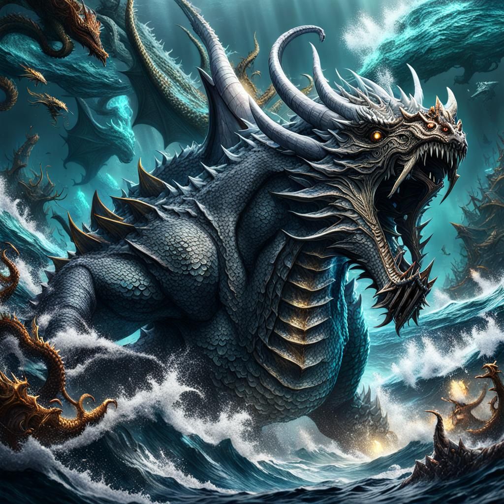 an epic battle between a dragon and a colossal sea monster in the ...