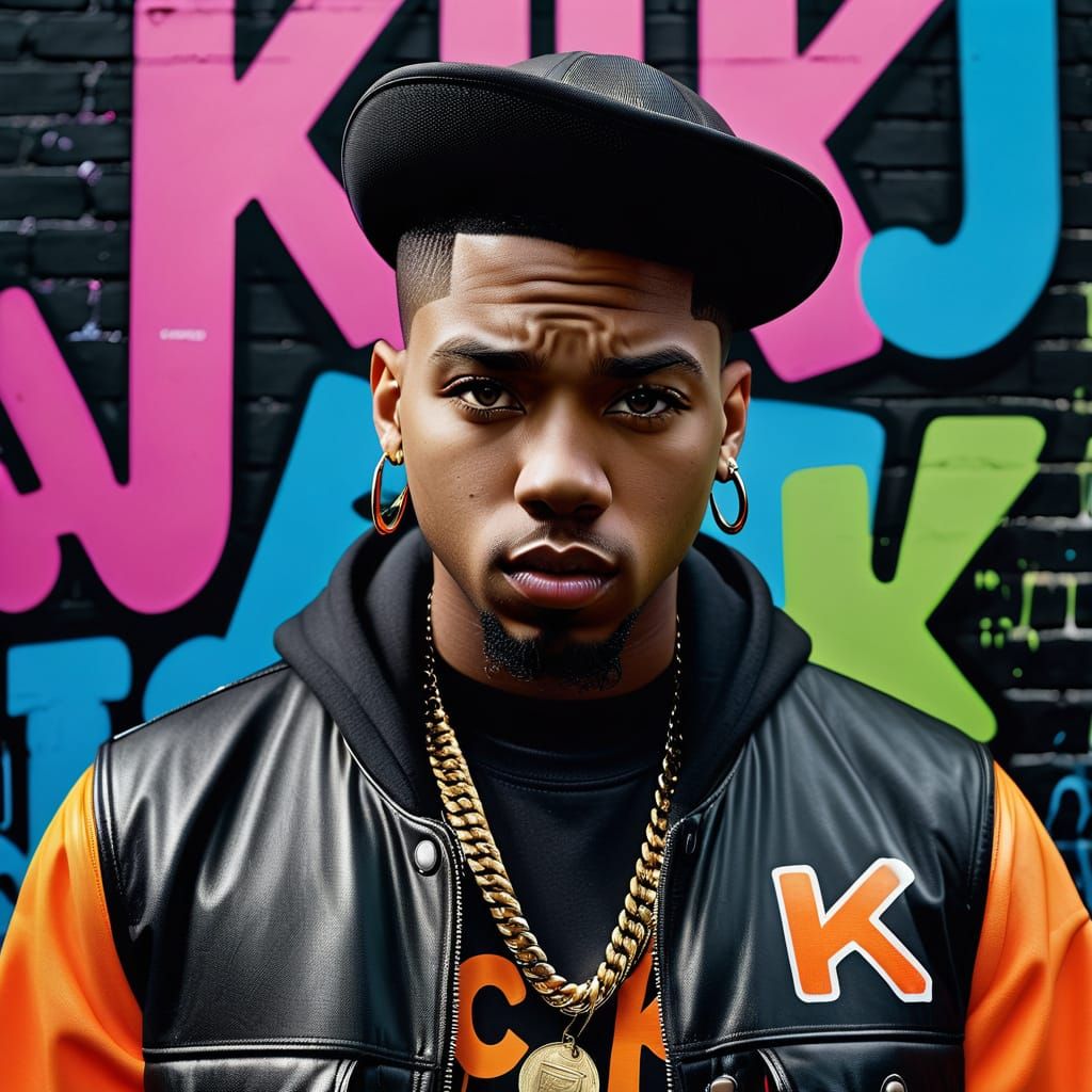 A dynamic urban graffiti scene featuring a fictional white rapper named K, standing confidently in front of a large concrete wall covered in...