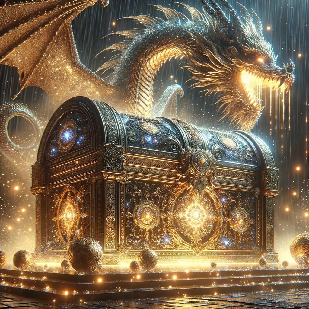 a majestic treasure chest , posing in the gentle rains, with an elegant 'moonlight and stardust design ...  by @Marv
