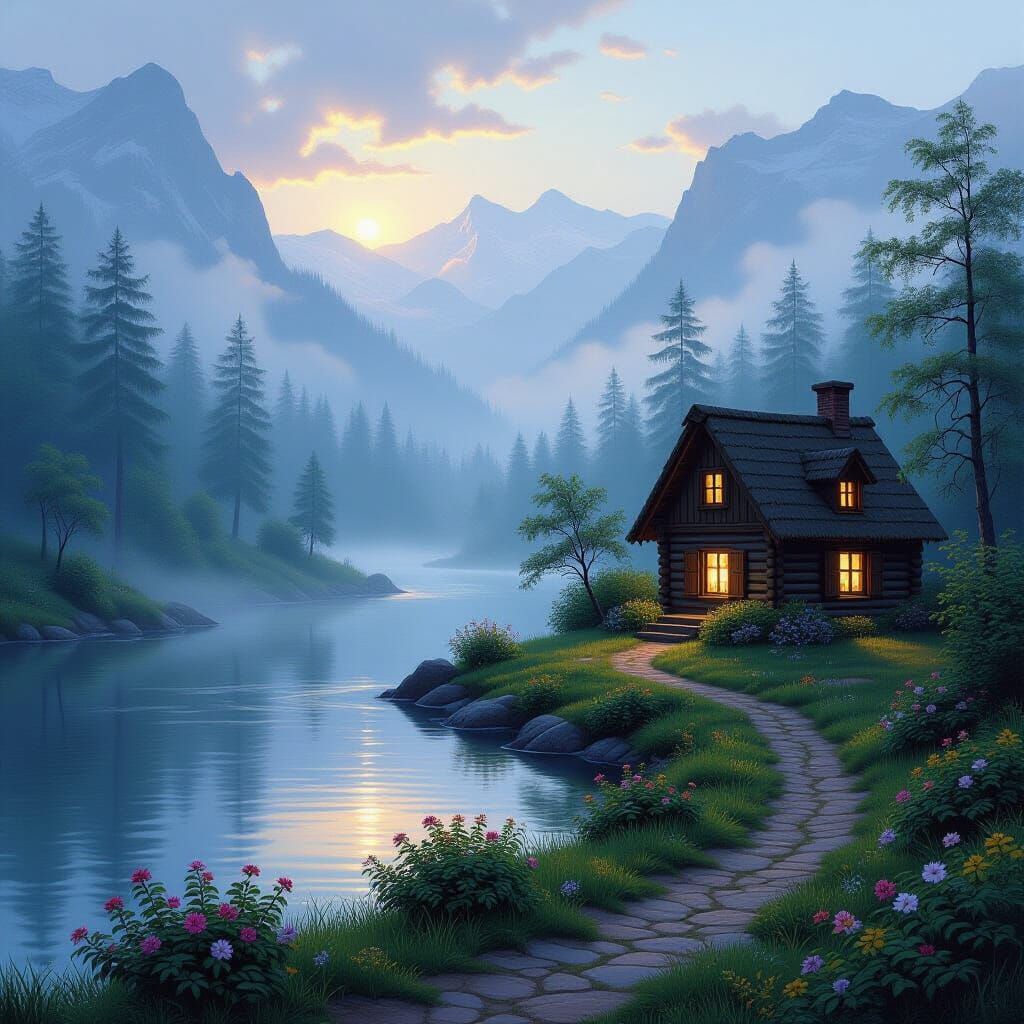 sun rising in Dawn. light fog over river and forest opposite side of river. log cottage in other side of river and can seen faint candle lig...