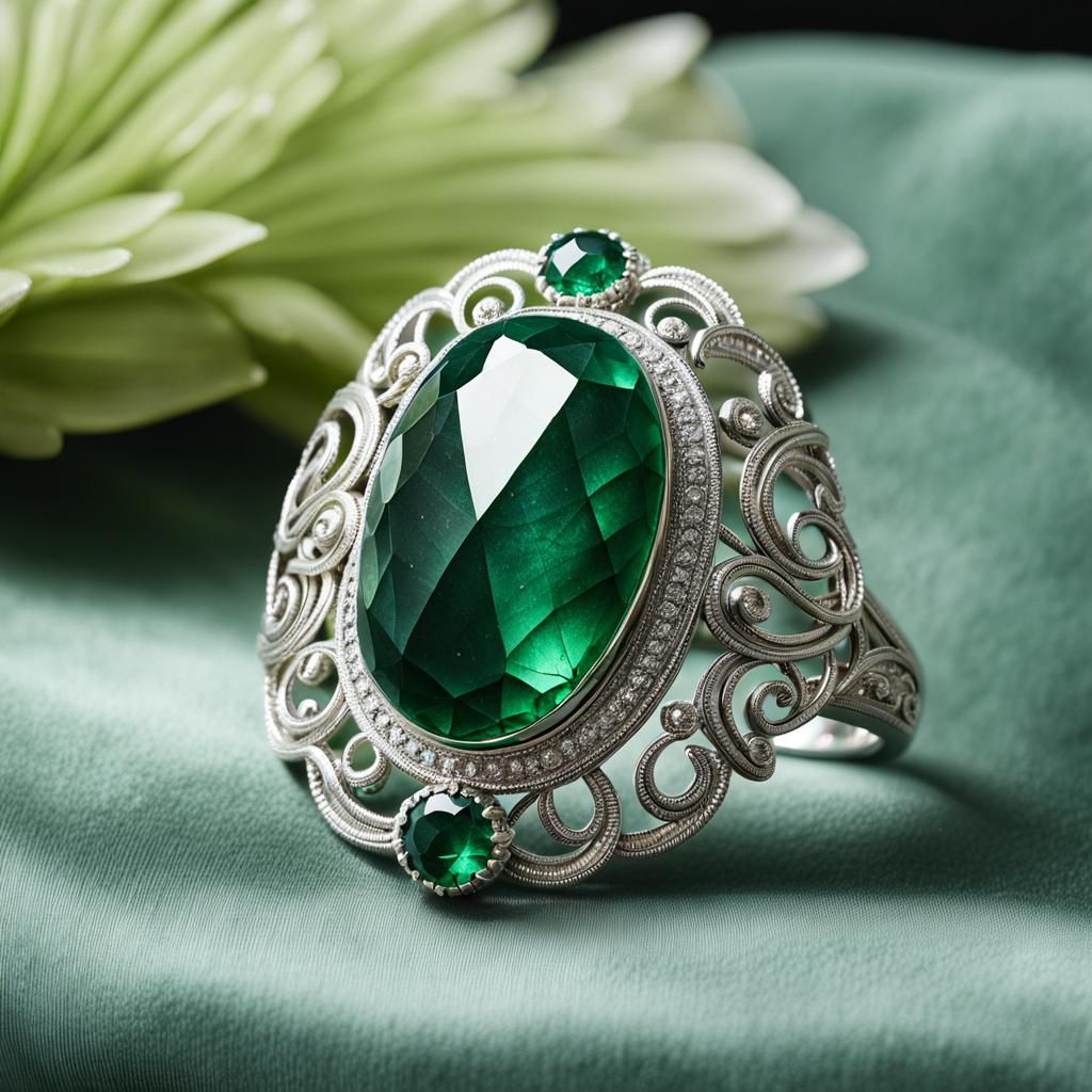 Emerald carved jewel with intricate silver rings on a green ...