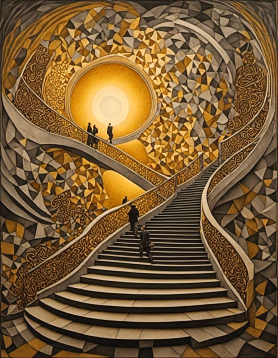 golden shimmer, gilded sunset, sparkling celestial sky, disorienting staircase, people walking, <lora:Escherscapes:1.0> 