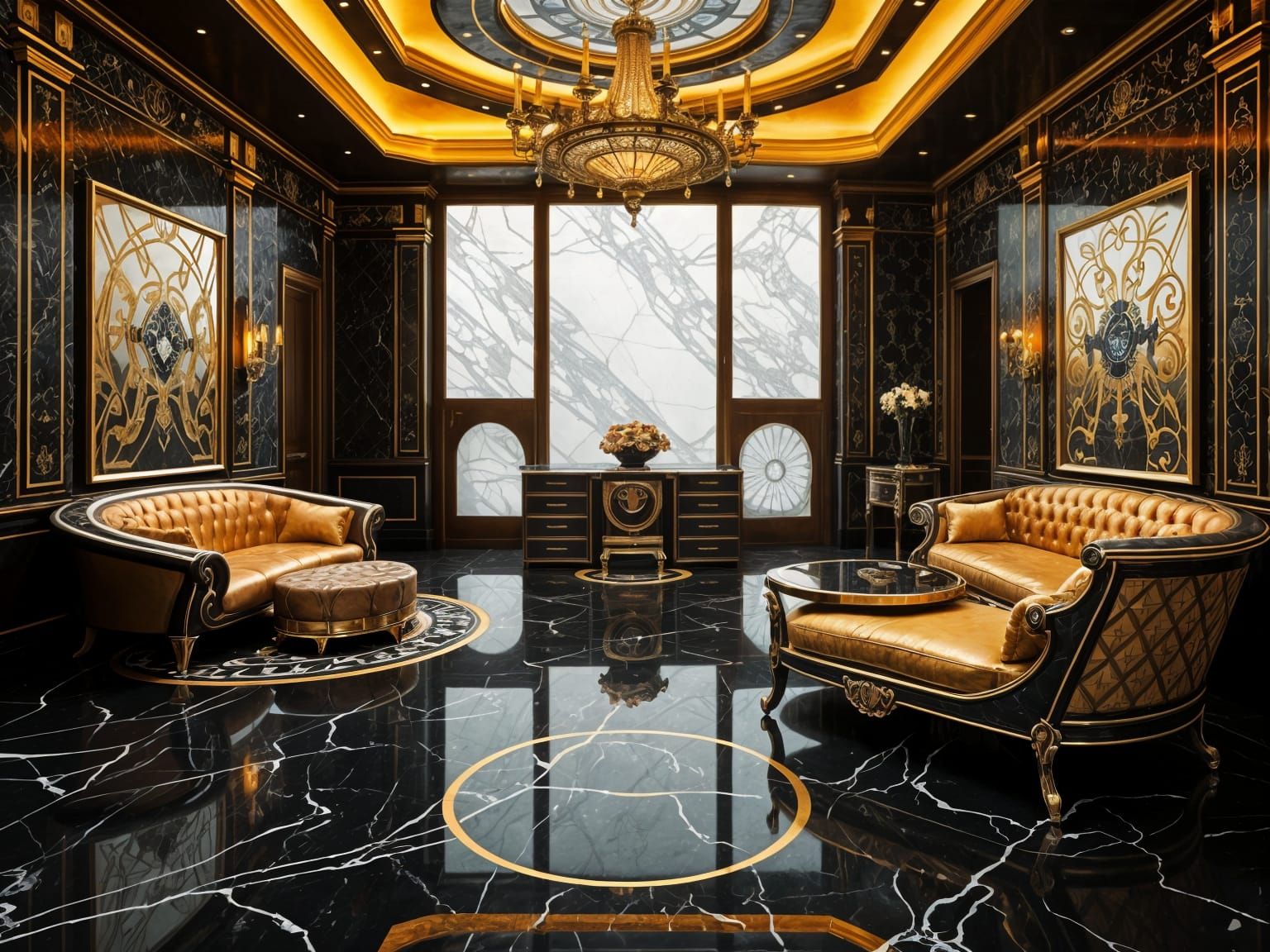 1920's, An interior scene showcasing Art Deco furniture with rich patterns, metallic finishes, and opulent ...  by @Jack-Mike