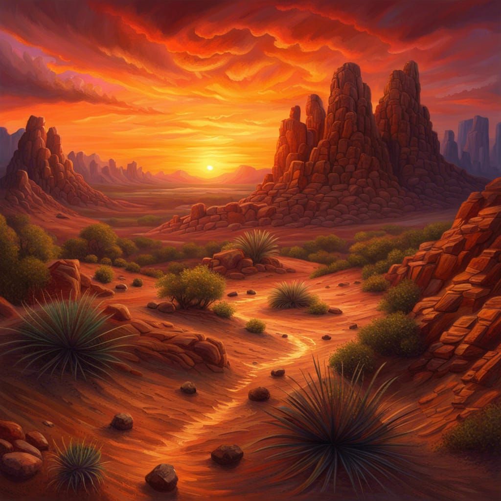 Desert sunset landscape :: oil on canvas, vibrant colors :: Epic cinematic brilliant stunning intricate ...  by @ArtDreamer Selma
