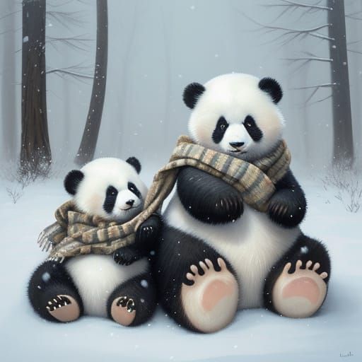  דוב פנדה חמוד בשלג מלביש את הגורים שלו בצעיף