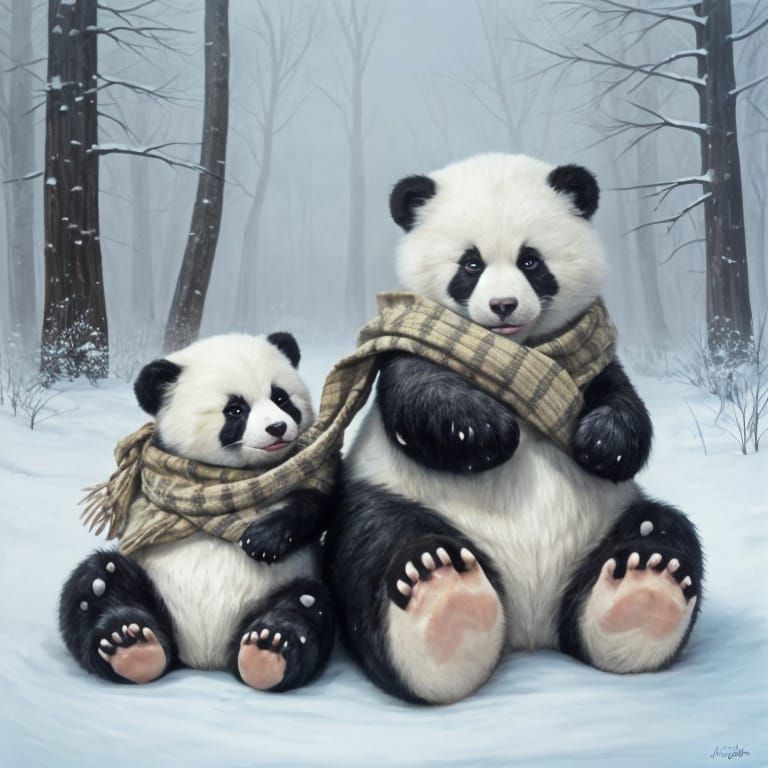 Cute Panda Mother Dresses Cubs in Snow, Oil Painting Style