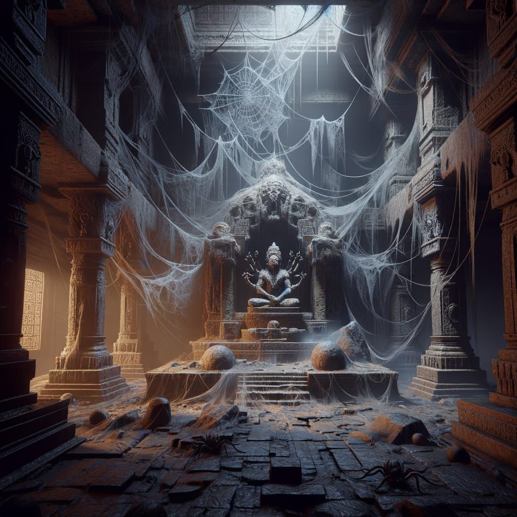 Mud Deity Shrine in Dimly Lit, Cobweb-Draped Temple