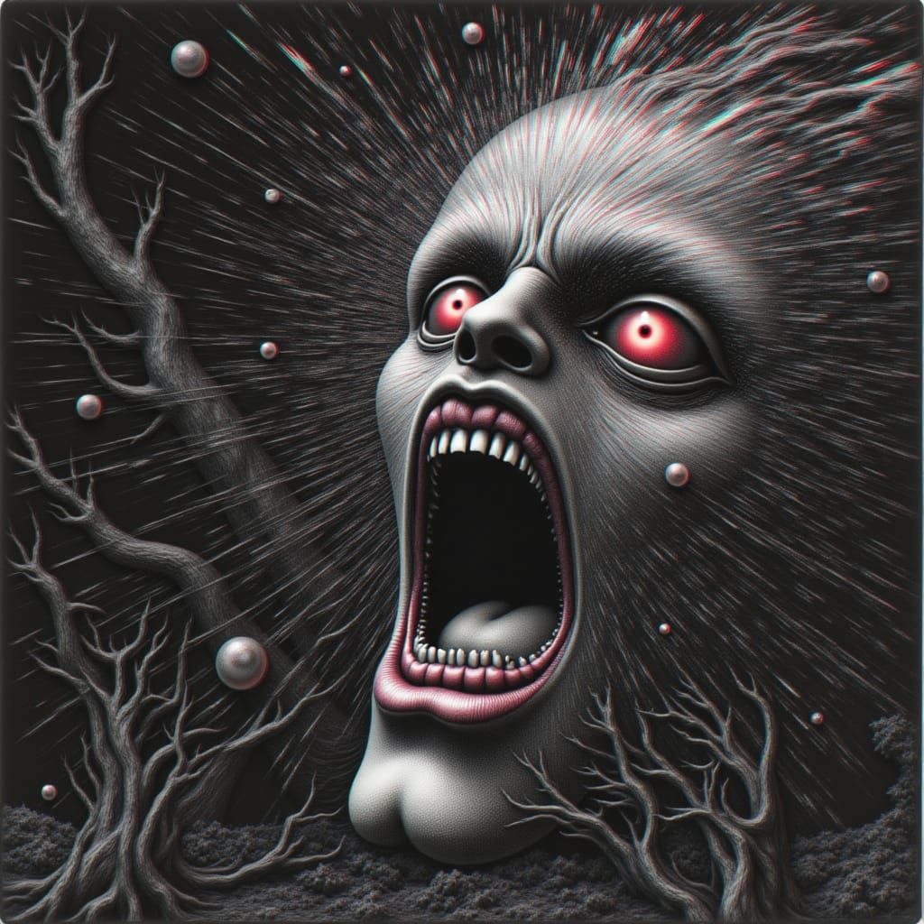 <lora:Everybody Scream:1.0>  A close-up of an angry, monstrous head with glowing red eyes devouring its own reflection in a shattered mirror...