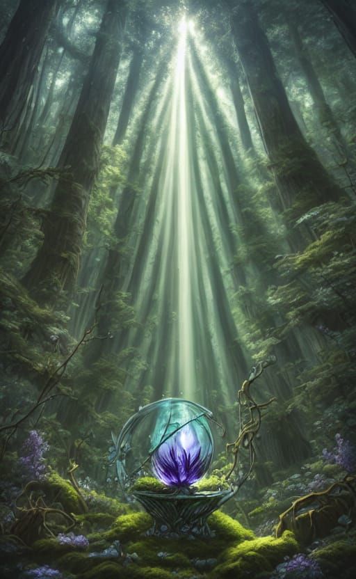 <lora:Glass and Light:1.0> Concept art. A solitary witch with glowing eyes, tending a cauldron in a hidden grove, surrounded by ancient, mos...