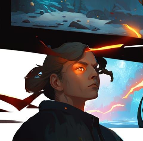 a Character has a mix of Gambit's eyes and Rex plode body and face. The background is a Y2K chalet in a snowy place traditonnel comics