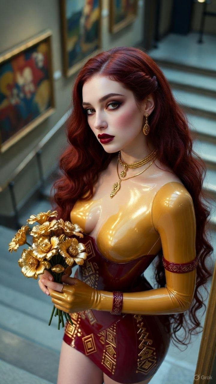 A stylish woman in a shiny gold and crimson latex outfit sho...