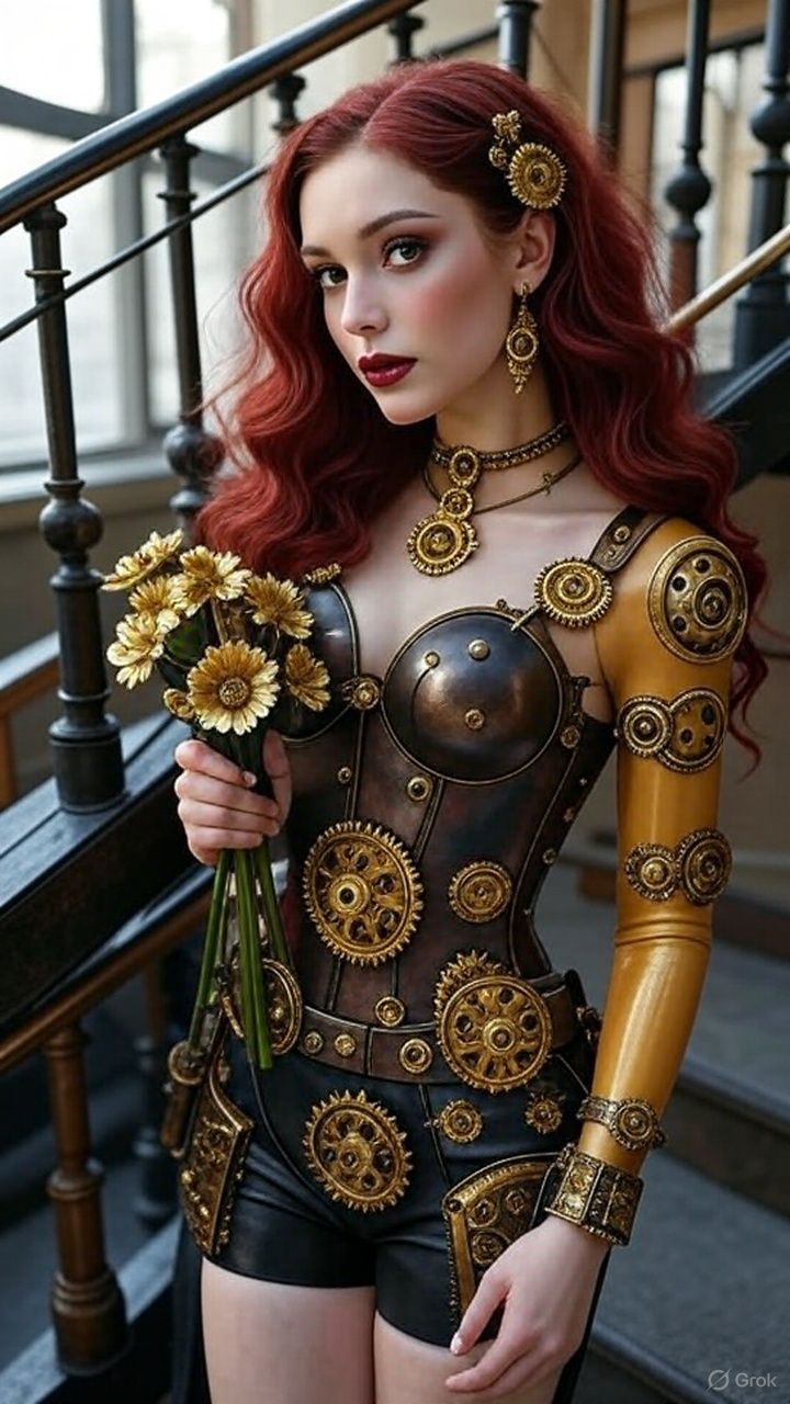 A stylish steampunk woman in a shiny gold and crimson latex ...