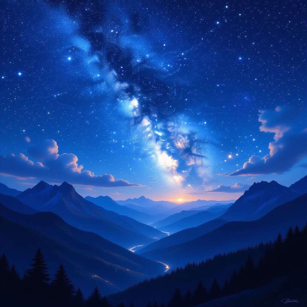 Cosmic Waterfall Sky Over Moonlit Mountains