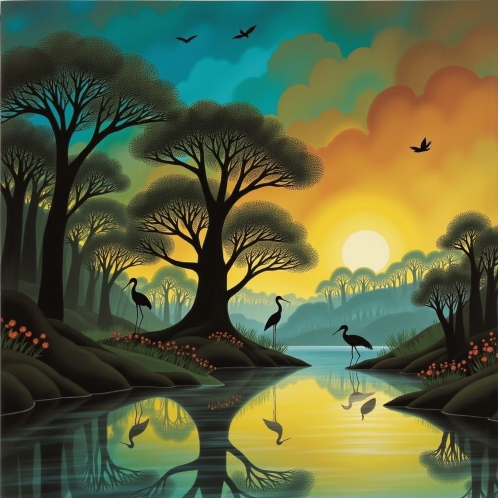 Cranes stand in the soft evening light on the shore of a reed-covered lake, by Mike Mignola and Andy Kehoe <lora:a fairytale World:1.0>