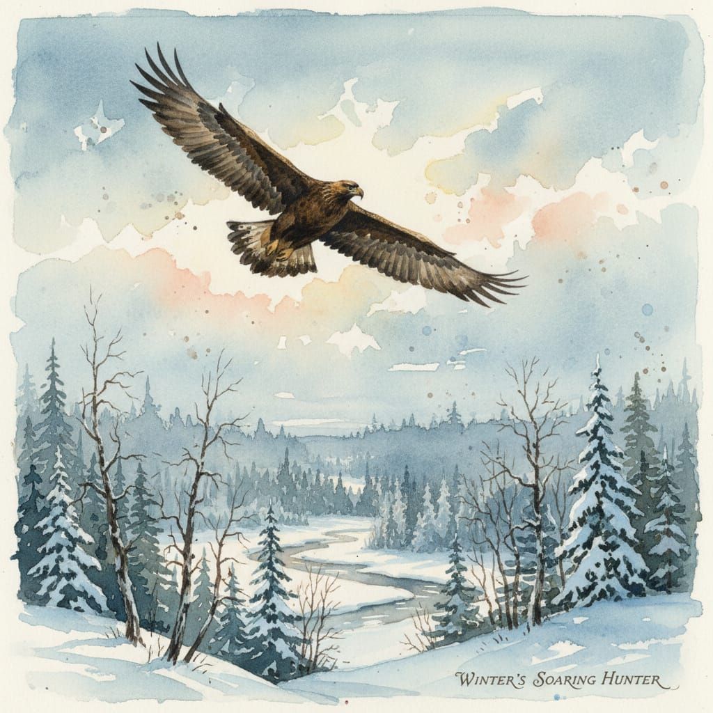 A Golden Eagle flying over a winter forest (0 likes)  by @axelb