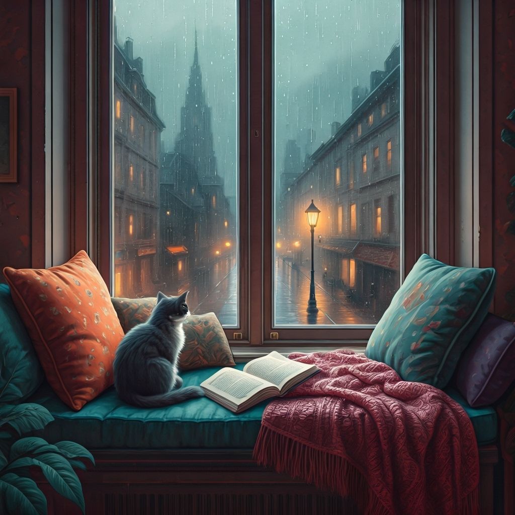 Cozy reading nook, cat window seat. A  cat comfortable window seat piled with colorful cushions and a ...  by @HIKER