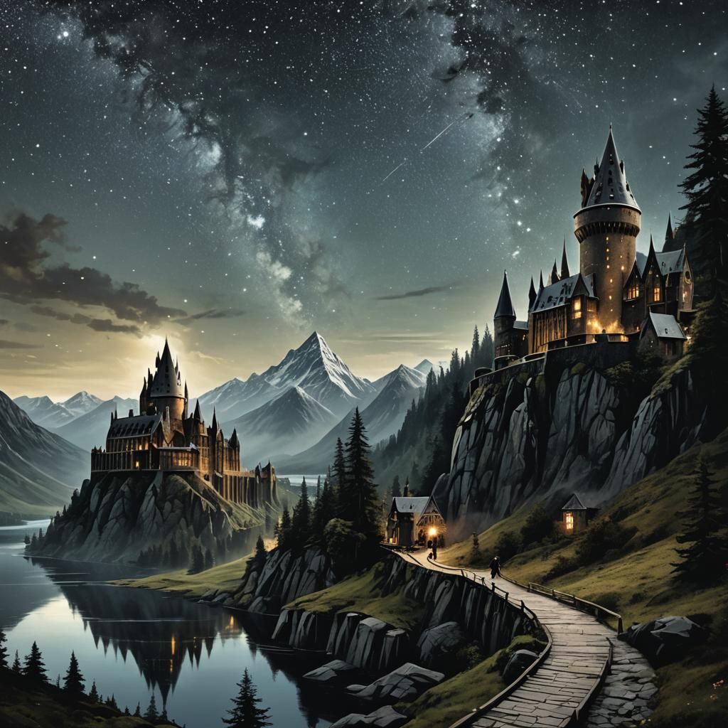 "Yeh'll get yer firs' sight o' Hogwarts in a sec," Hagrid ca...