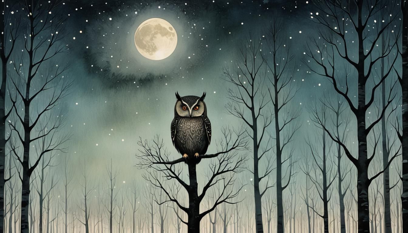 Owl under the endless starry sky, birch tree forest | full moon | light ...