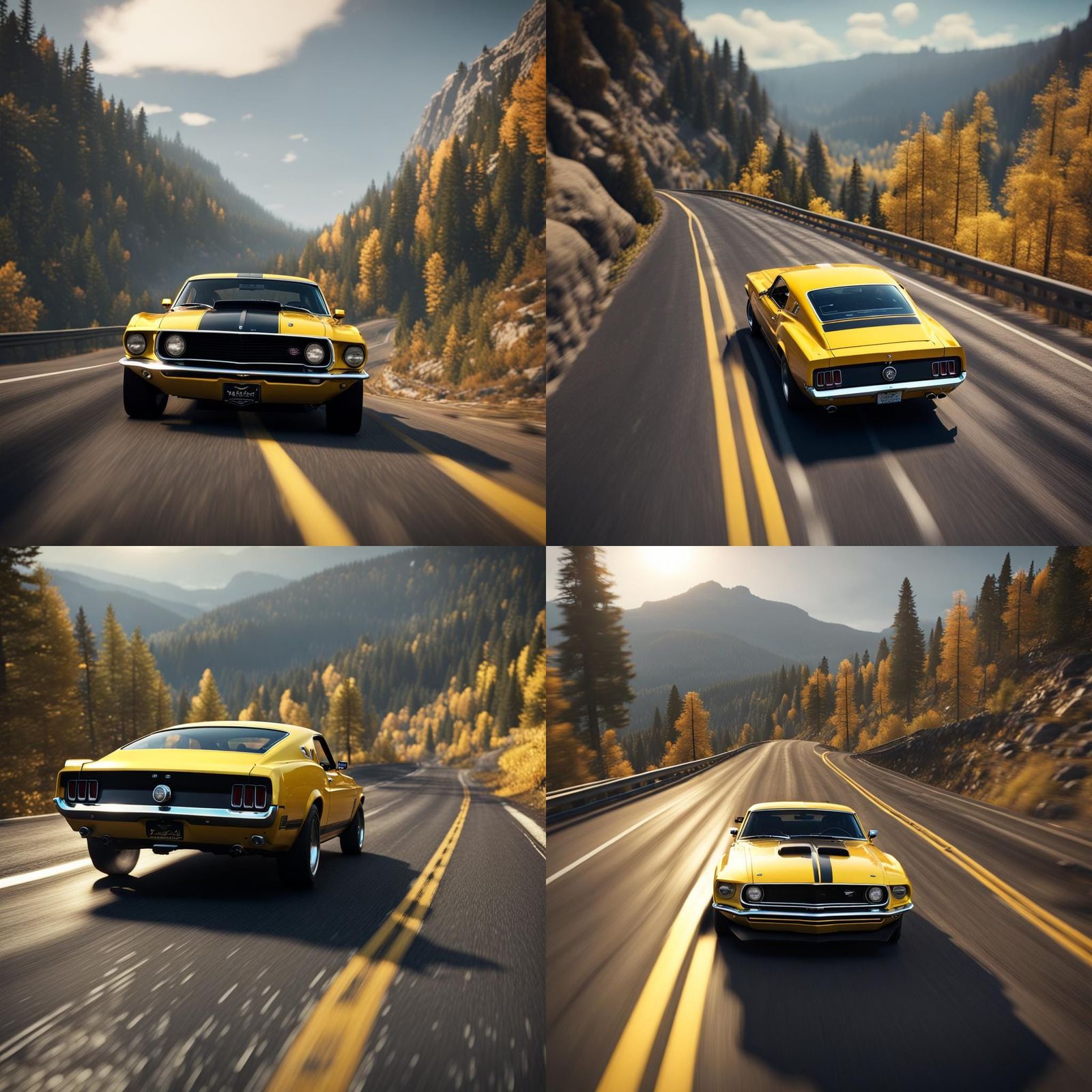 Yellow 1969 Ford Mustang Mach 1 high perspective driving on ...