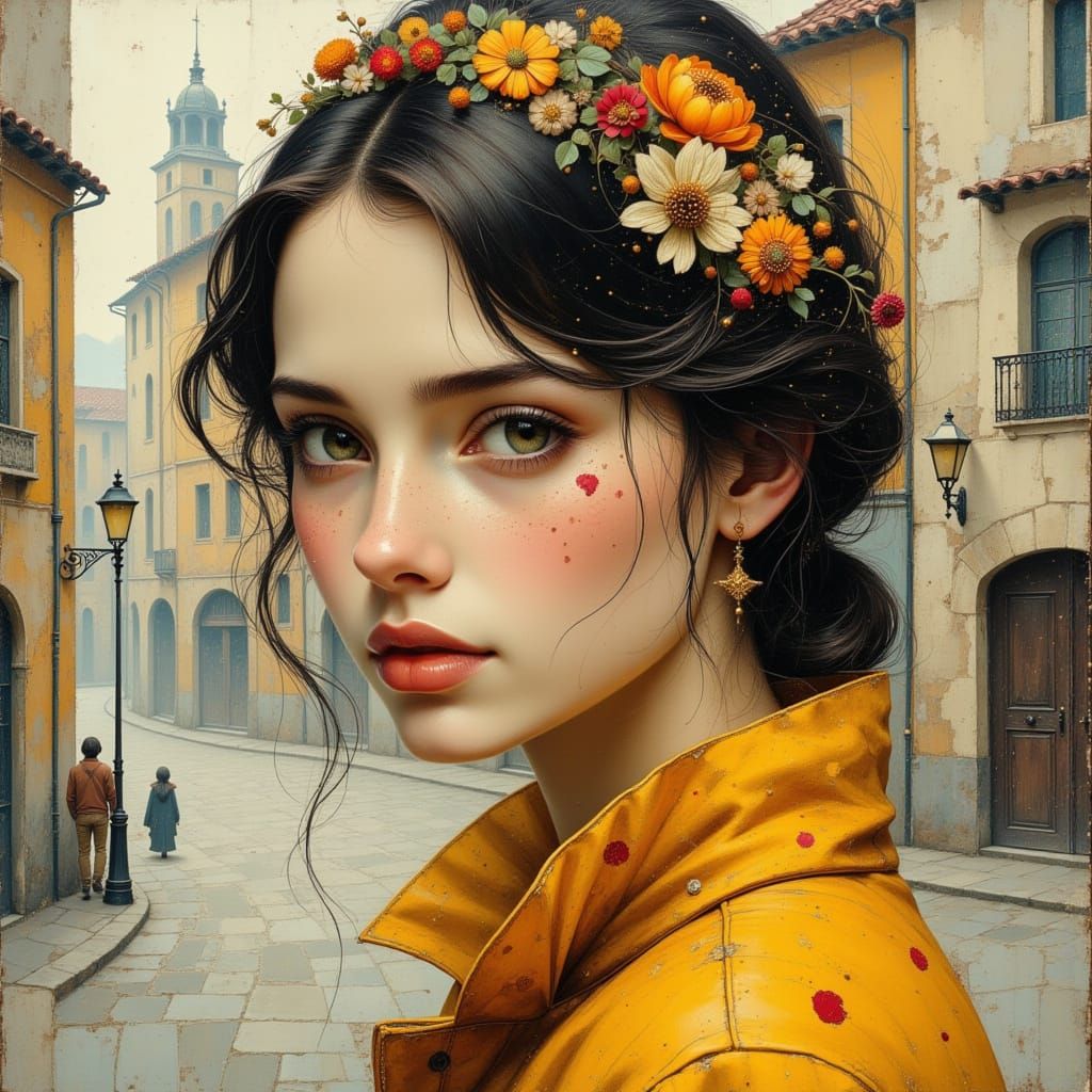 Double Exposure Portrait of Woman Over Vintage City Street