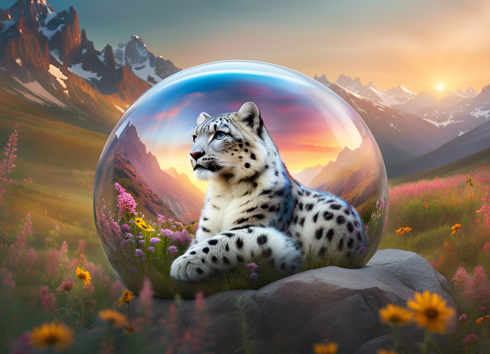 Snow leopard sitting in a Mountain meadow full of wildflowers inside a glass sphere, sitting on a rock ...  by @Ricard Nordeng