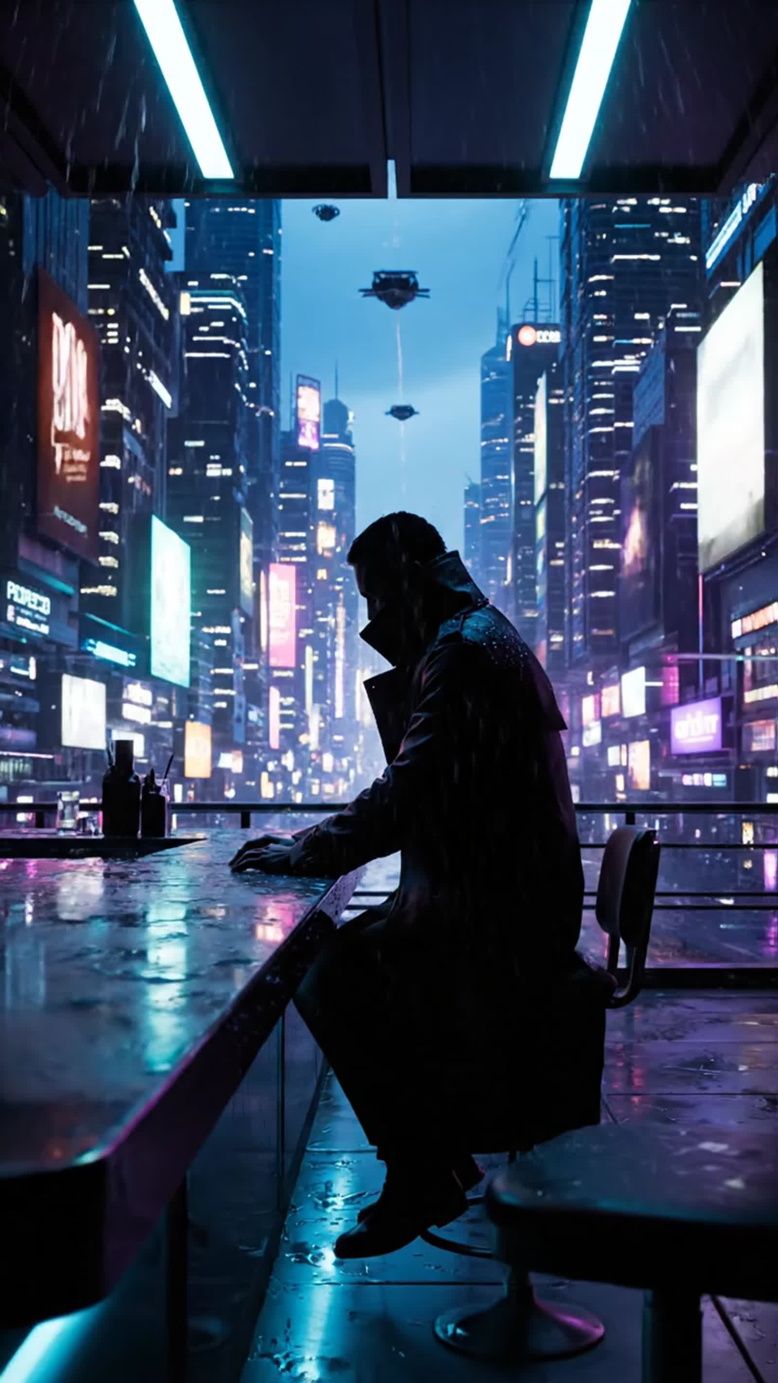 A stoic shadowed figure sits alone at the end of an open-air bar in the middle of a massive sprawling ultracorporitized ...