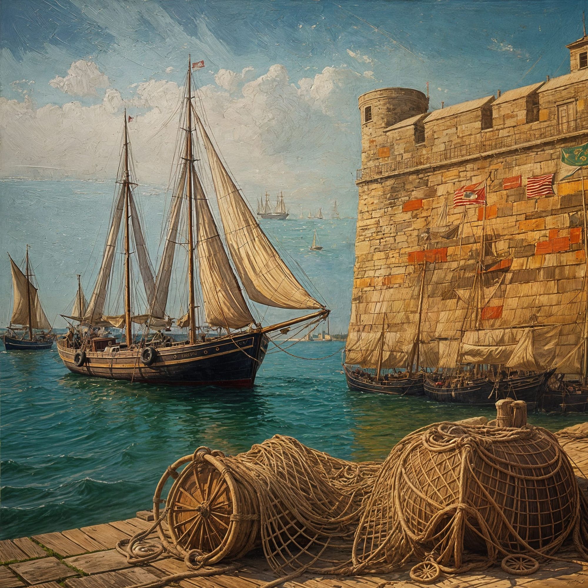 Amazing harbour with old sailing boats, in the style of old master oil painting, by artist GloryAut, impasto