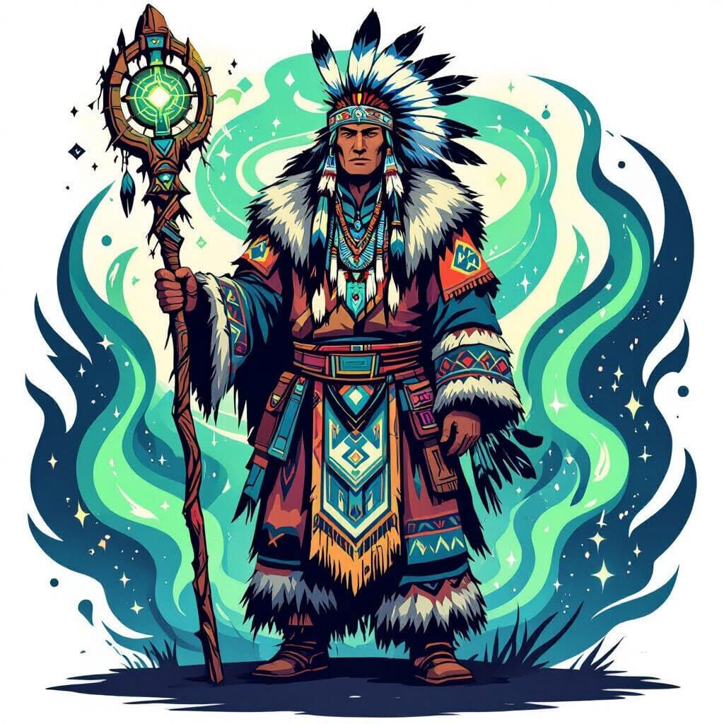 Northern Shaman with Mystical Staff in Vector Art