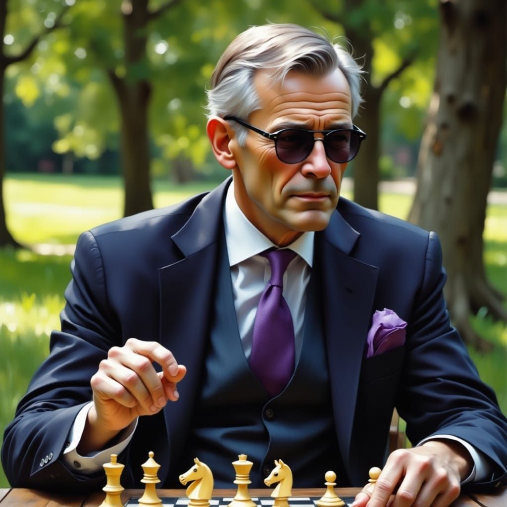 The man in the suit playing chess alone in the park"

<lora:BeautyStrokesV2:1.0> <lora:Flux - Painterly:1.0> <lora:Romance Novel Cover:1.0> A middle-aged Caucasian man, likely in his late 50s or...