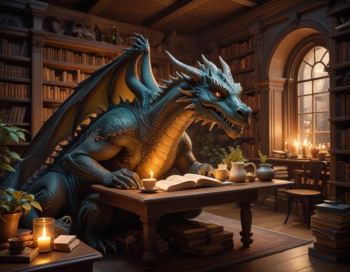 A massive, ancient dragon reading for his friend  mr. Mouse.