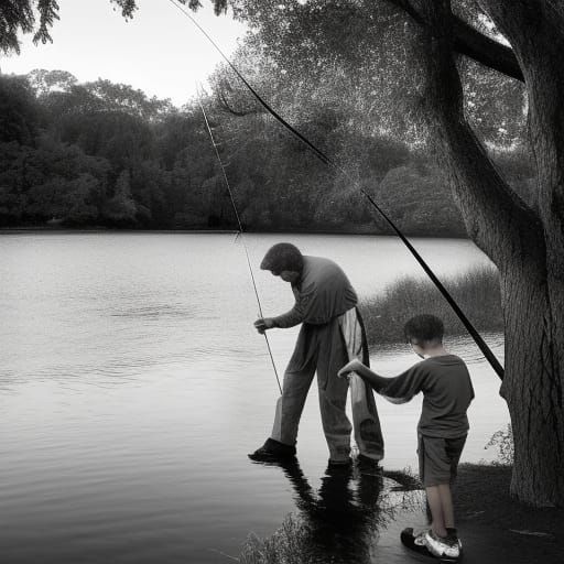 father son fishing together, laughing because fishing line caught