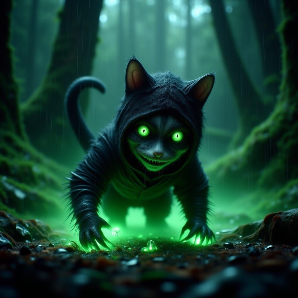 <lora:-Mixperiment Pi-:1.0>  Grunge, ultra-detailed, raw conceptual scene ▪ A tiny version of the Cheshire Cat as a ninja, stealthily sneaki...