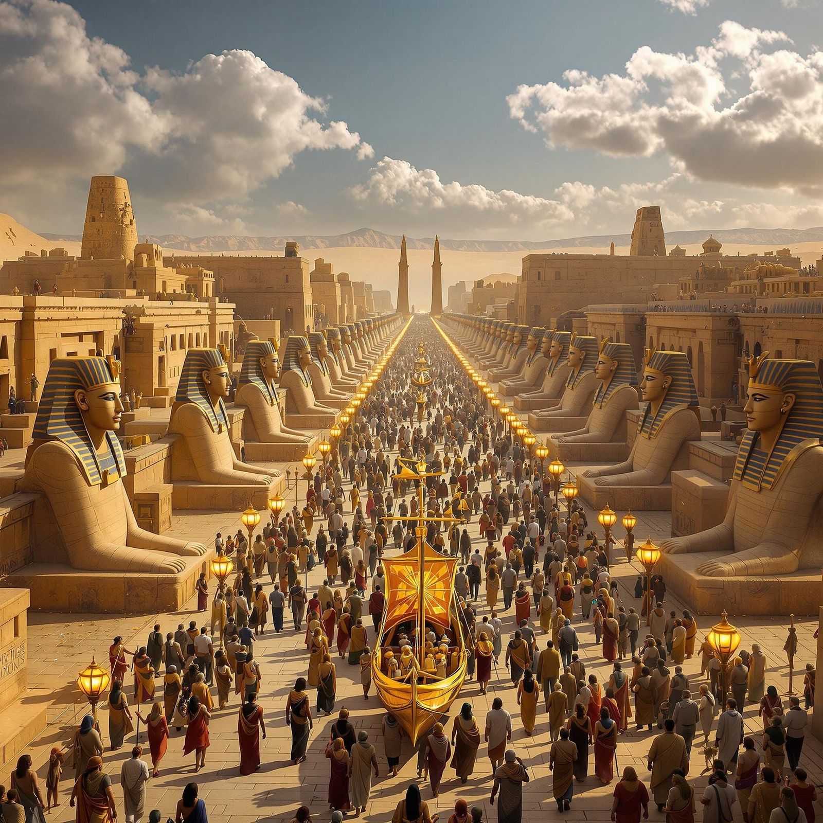 Ancient Egyptian Parade Down the Avenue of Sphinxes in Splen...