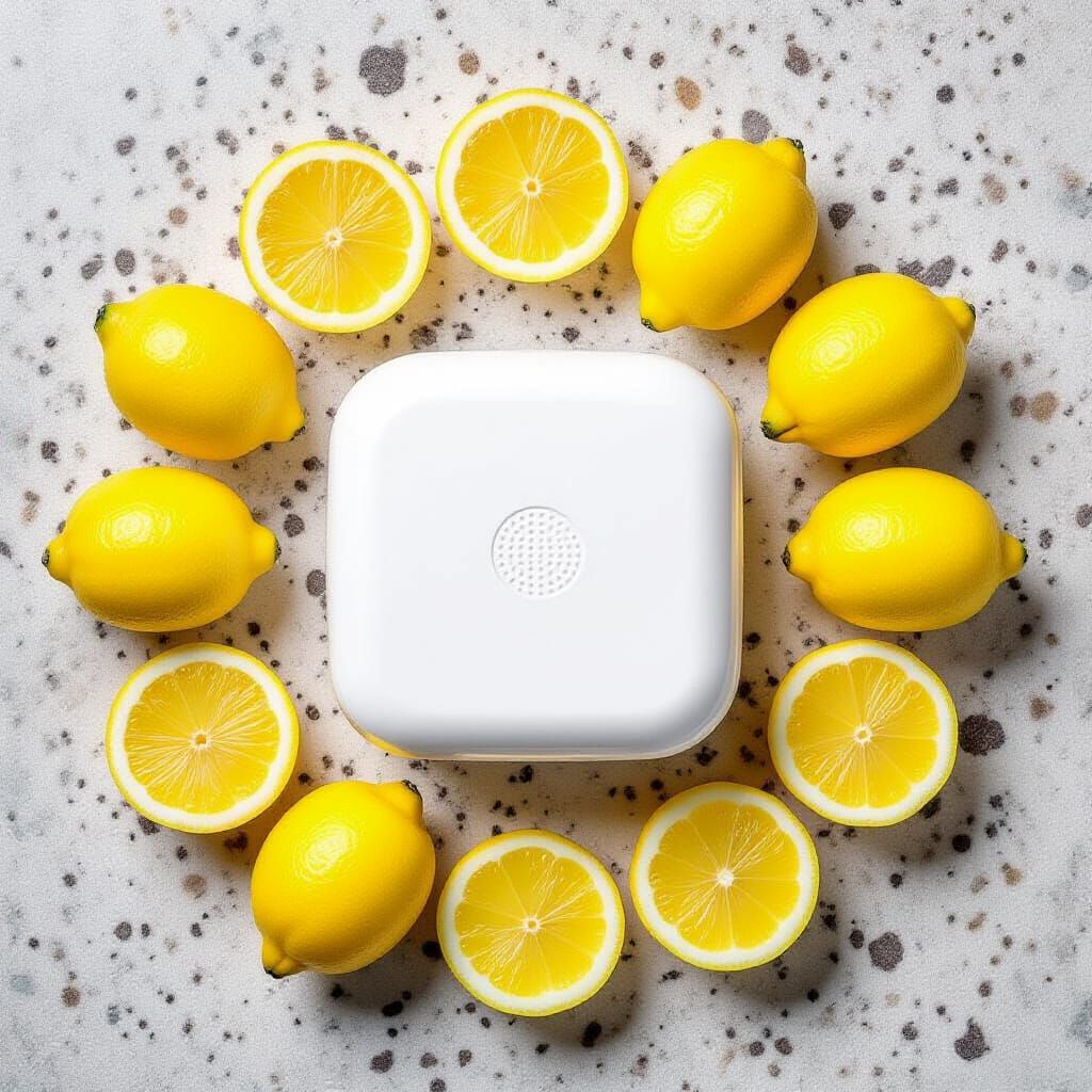 Photorealistic top-down view of a single white square shower steamer pod with subtle textured top, centered on a speckled granite countertop...