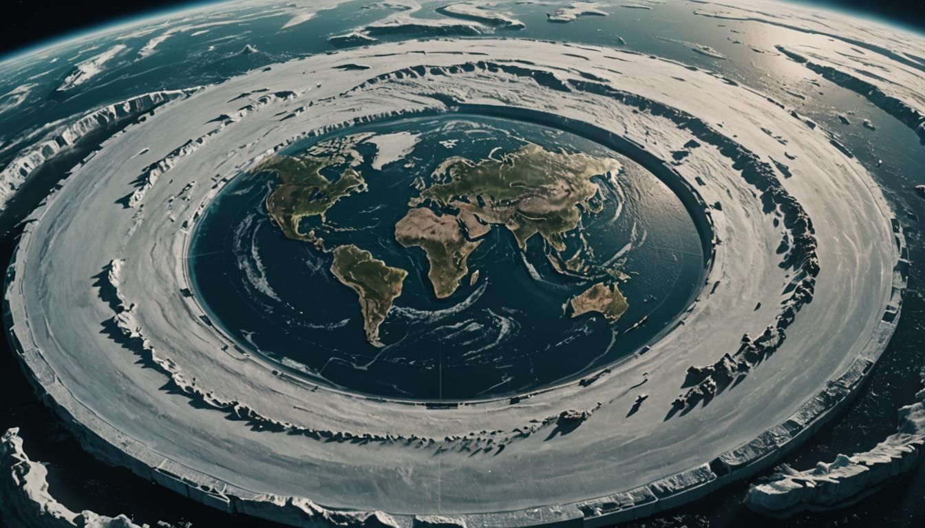 The Flat Earth shown spinning in orbit, all the continents are clearly visible along with an ice wall