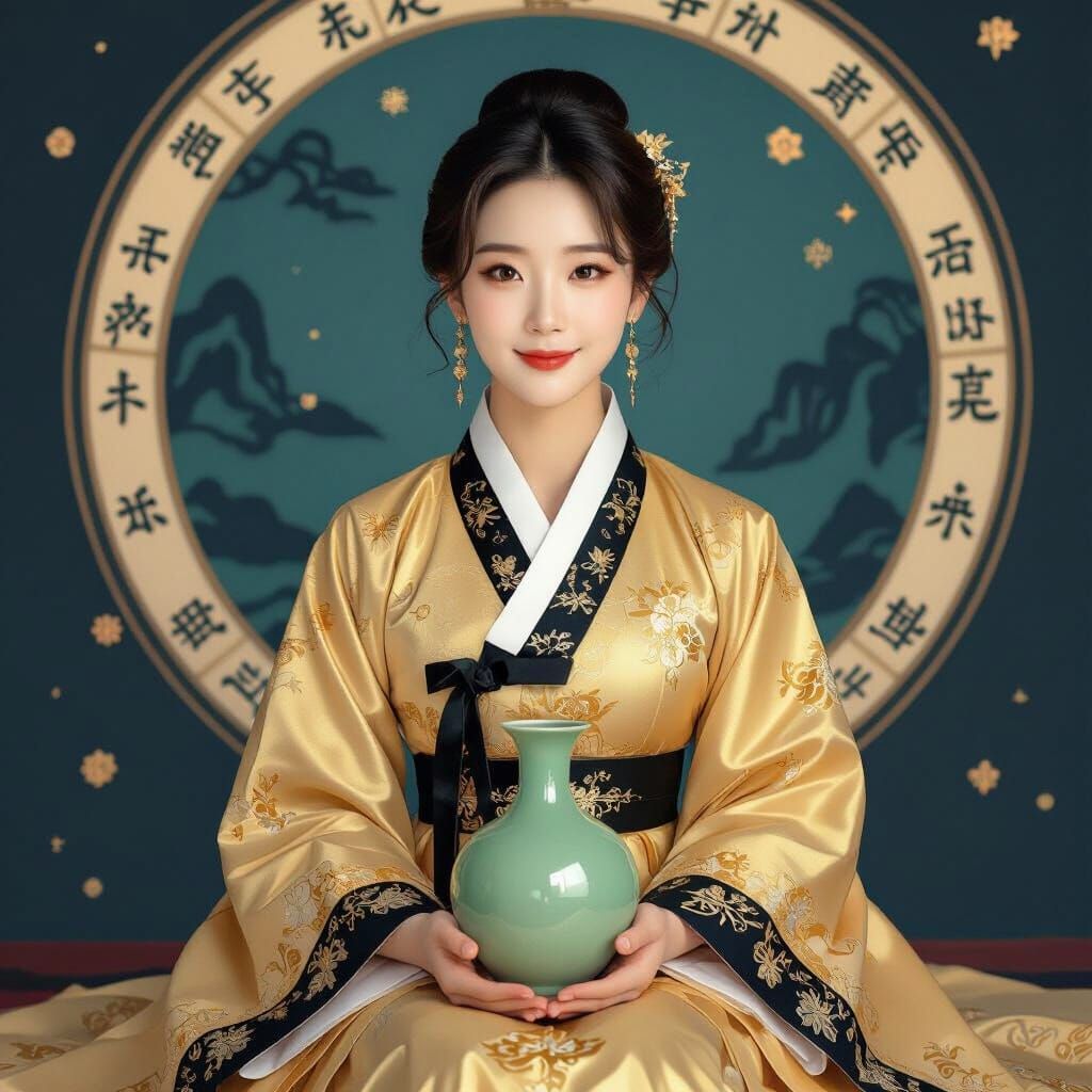 A beautiful Korean woman with swept back hair and white porcelain skin, wears a gold hanbok with black trim. She is kneeling and smiles demu...