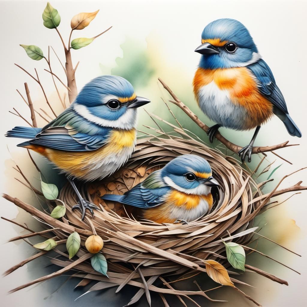 Blaumeisen in Aquarell