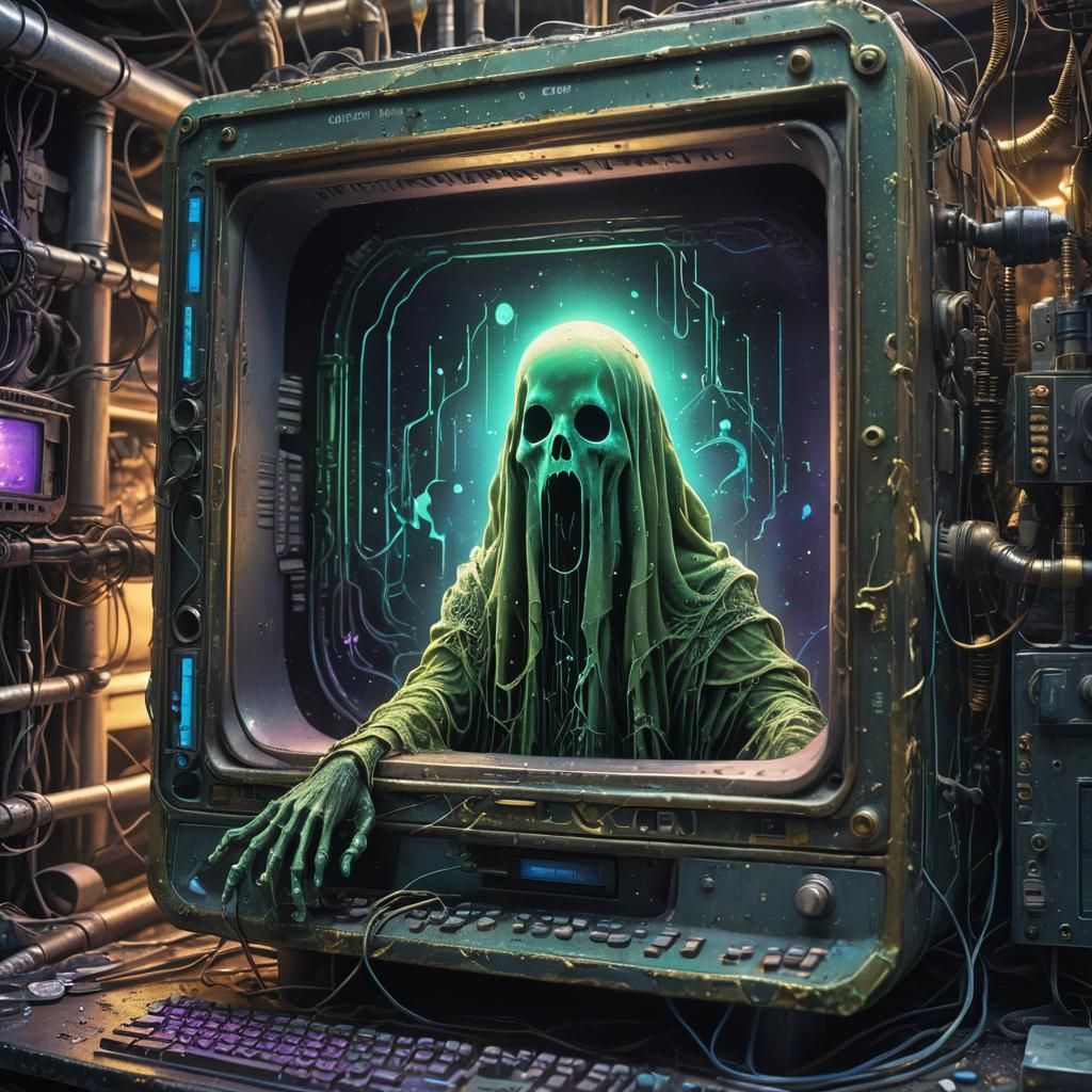 an abandoned desktop computer showing a glowing ghost figure inside the tube monitor  by @Cody Martins