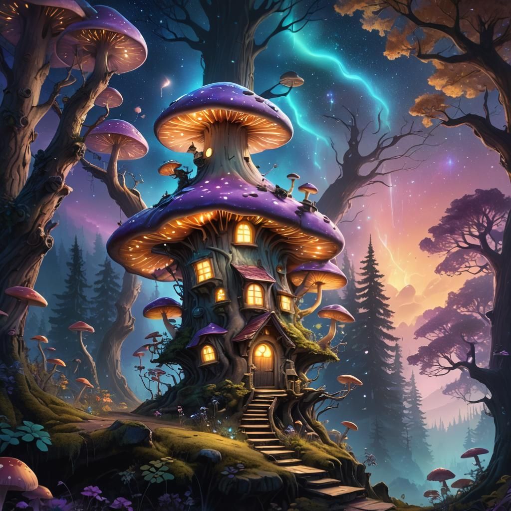 Glowing Mushroom House in Cosmic Forest
