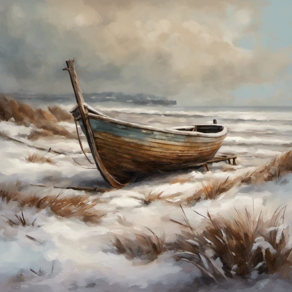 Winter Coastal Scene Old Wooden Boat In An Oil Painting Style AI   AYoqUORWA0HITy9vsWDU  1  918j7 