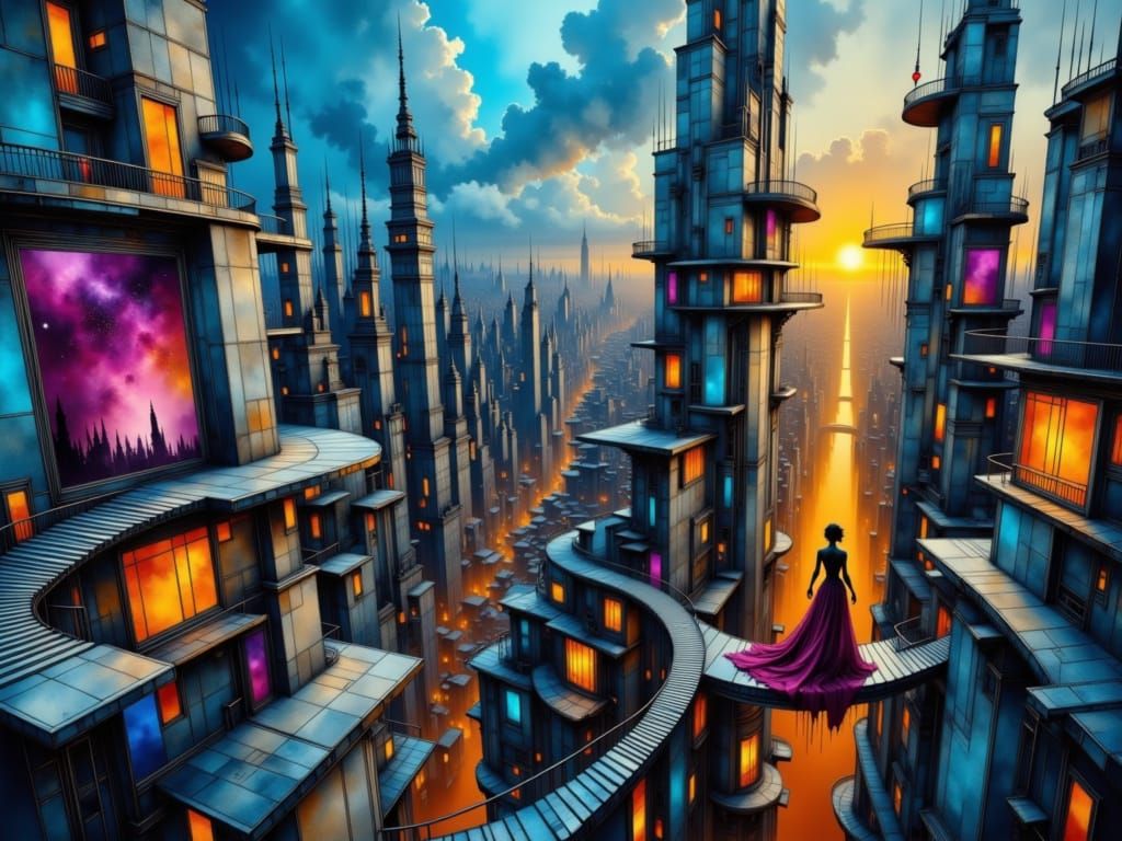 futuristic city in purple and orange/ detailed masterpiece/ fantasy/ mix media <lora:Vertigocraft:1.0> vertigo