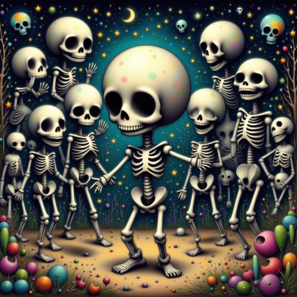 <lora:Storybook Halloween:1.0> Cheerful skeletons popping out of the ground to join a dance party