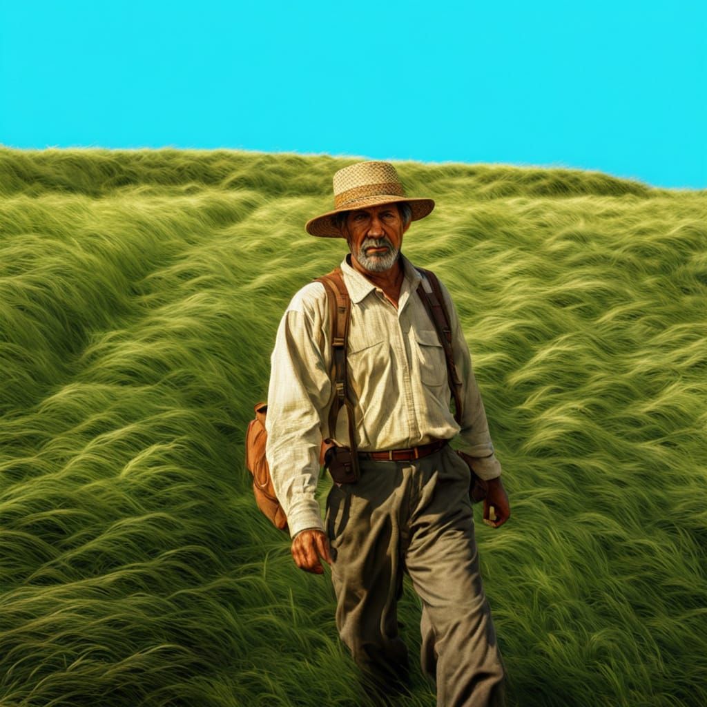 A man walking in a field of grass. HDR, beautifully shot, hyperrealistic, sharp focus, 64 megapixels, perfect composition, high contrast